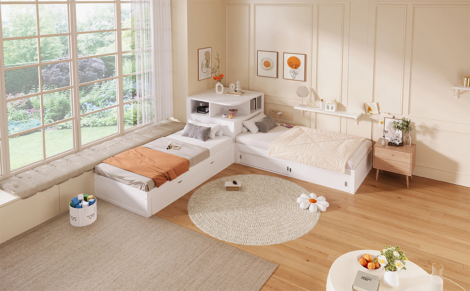 90x200 L-Shaped Platform Bed with Trundle & Storage, White