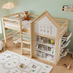 Loft Bed with Storage Compartments, Drawers, Steps and Safety Railing, 90x200cm, White and Natural Pine + MDF + Plywood