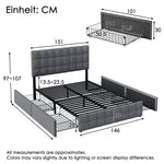 Upholstered Bed 140x200cm Storage, 4 Drawers, Adjustable Headboard, Linen Grey