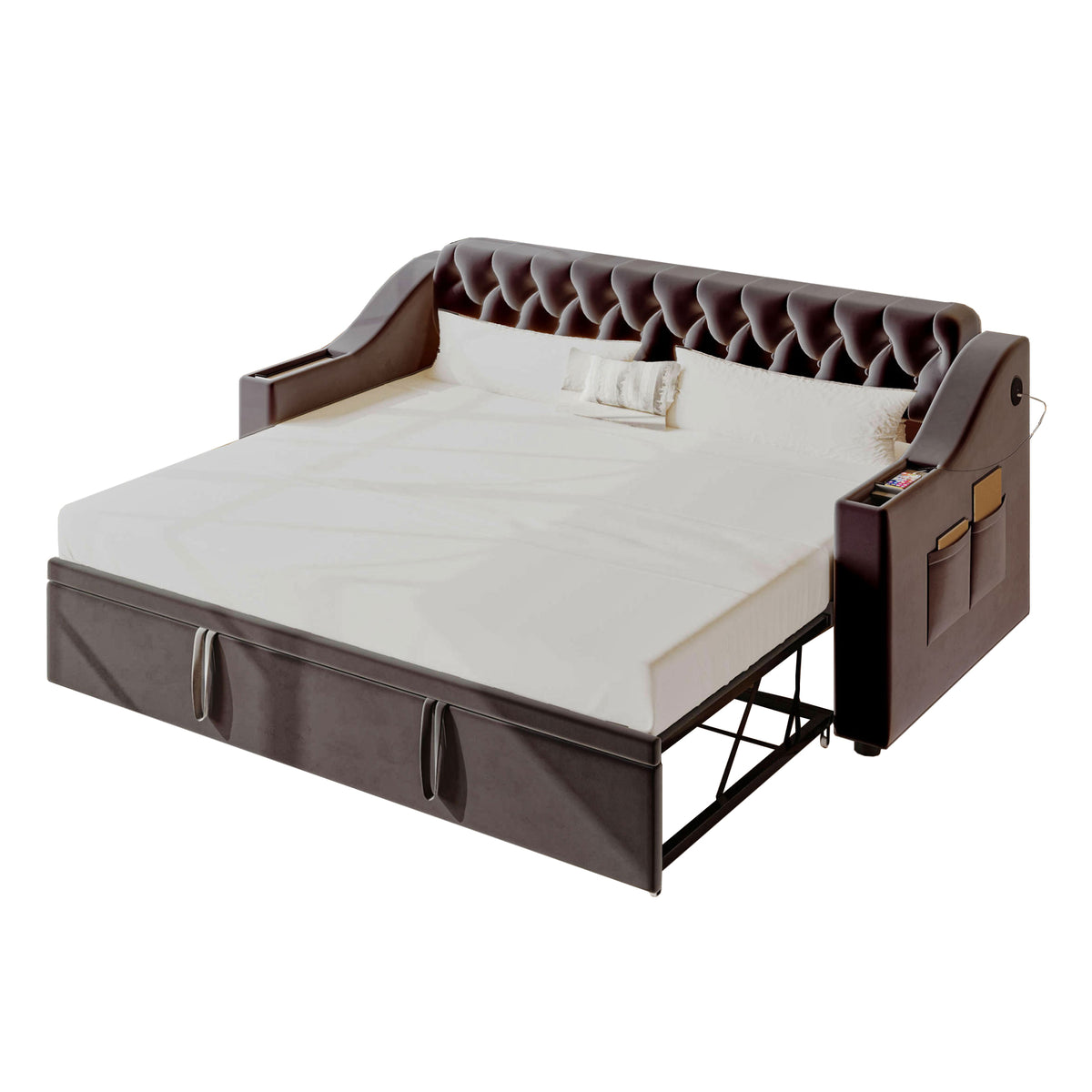 Upholstered Sofa Bed with USB & Storage, Dark Grey Velvet