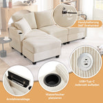 L-shaped Corner Sofa, Convertible 3-Seater with Footstool, Cup Holder, USB Charger, Armrest Storage, Beige