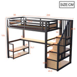 Metal Loft Bed with LED, Socket, Storage Ladder, Shelves and Desk, 90x200cm, Black Metal