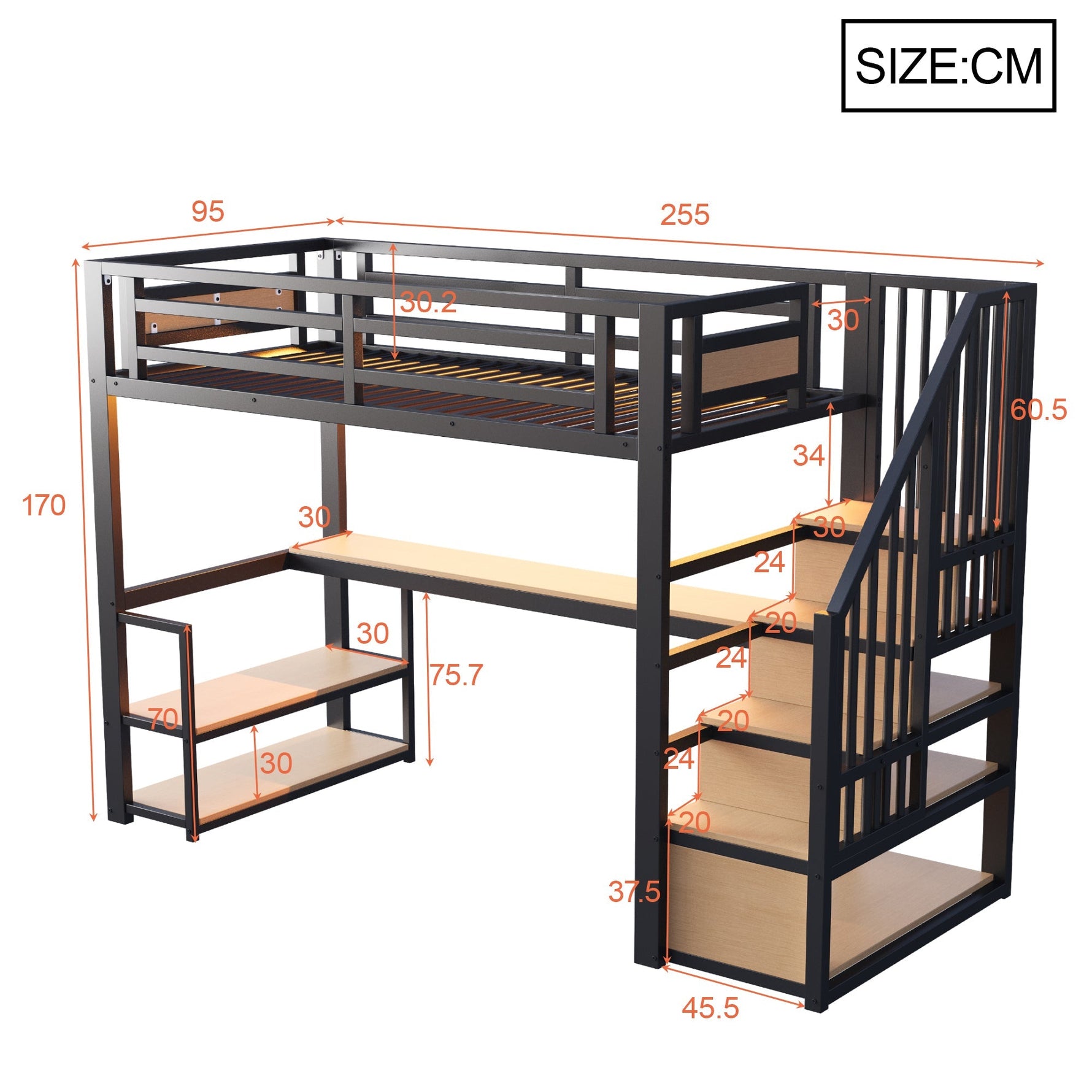 Metal Loft Bed with LED, Socket, Storage Ladder, Shelves and Desk, 90x200cm, Black Metal