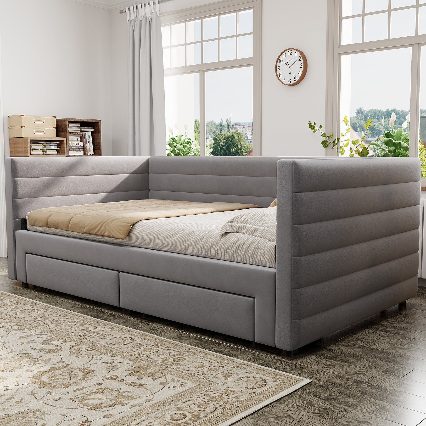 3-in-1 Upholstered Sofa Bed, Extendable with Drawers and Slatted Base, Grey Cotton and Linen