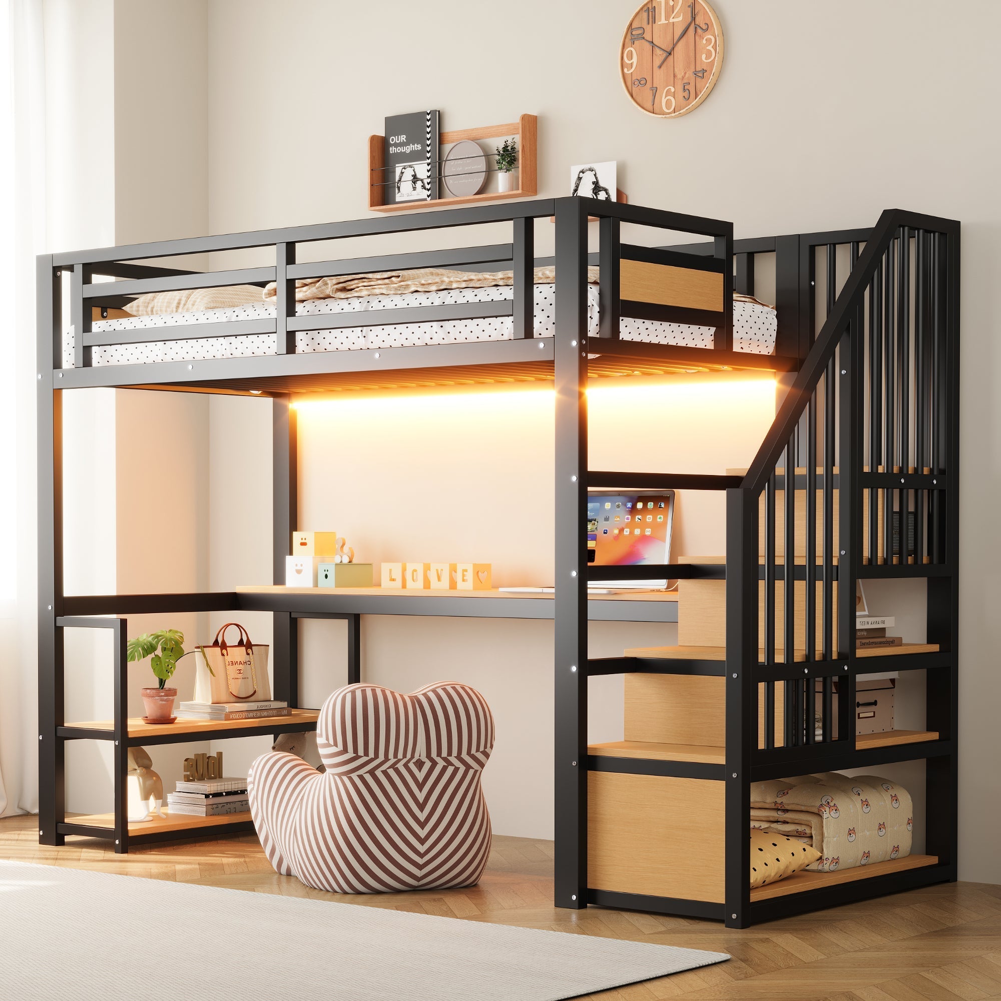 Metal Loft Bed with LED, Socket, Storage Ladder, Shelves and Desk, 90x200cm, Black Metal