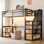Metal Loft Bed with LED, Socket, Storage Ladder, Shelves and Desk, 90x200cm, Black Metal