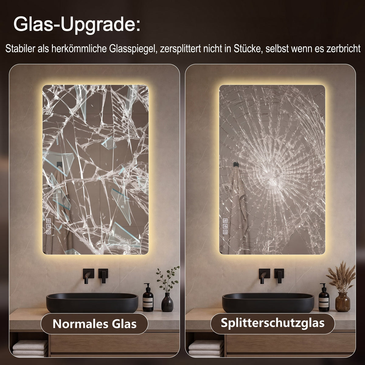 Frameless LED Bathroom Mirror 60x80 cm, Dimmable Anti-Fog, Glass
