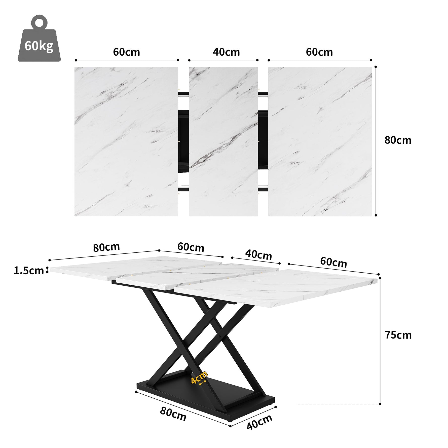 Dining Set 5-Piece Extendable Table 160cm 4 Chairs - White Marble/Black Velvet