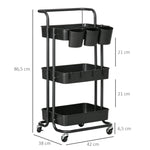 Serving Cart, 3-Tier Storage with Hooks, Steel Black