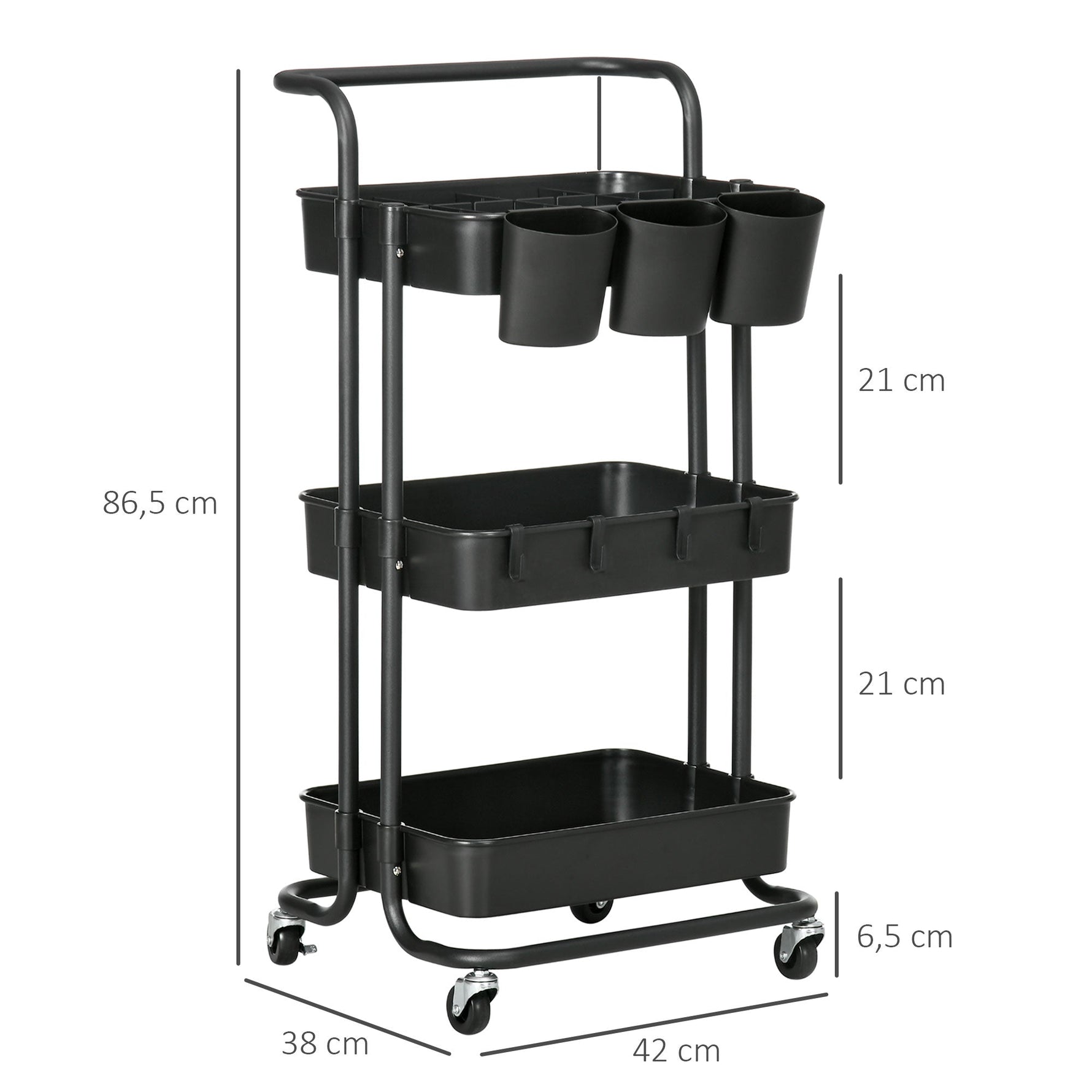 Serving Cart, 3-Tier Storage with Hooks, Steel Black