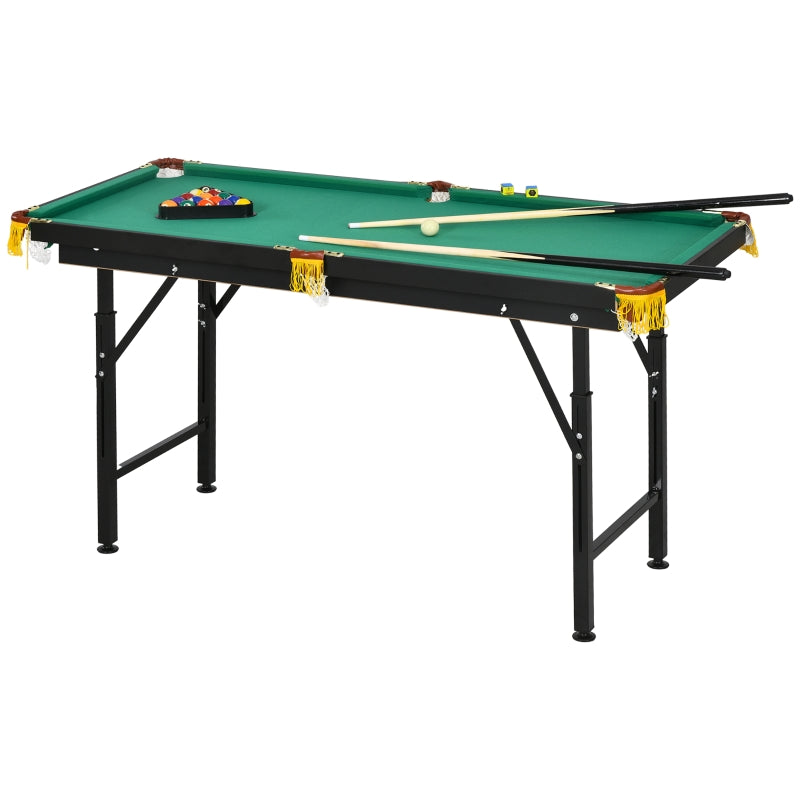 Pool Table with Folding and Height-Adjustable Design, Includes 2 Queues and 16 Balls, Green