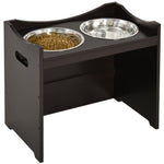 Dog Bowl Feeding Station, Height-Adjustable, Stainless Steel, Dark Brown MDF