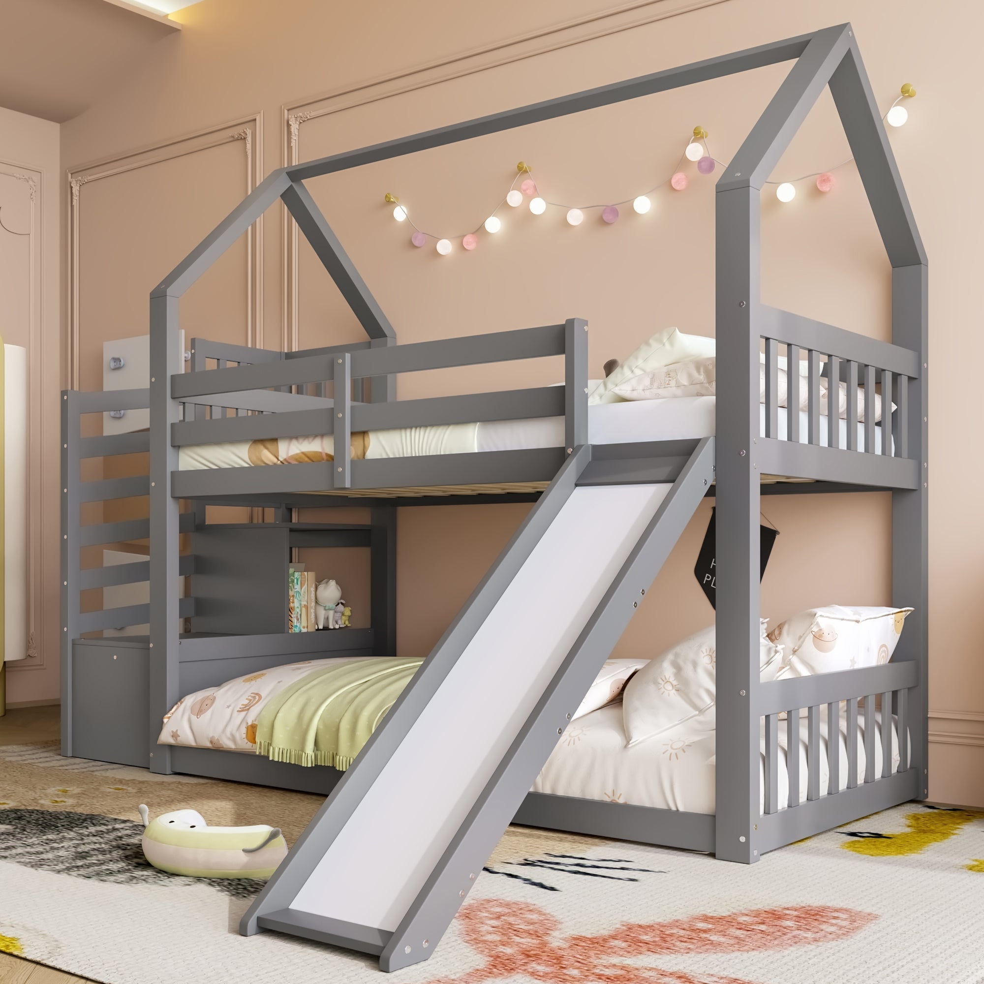 Bunk Bed House Bed 90x200cm Storage Stairs Slide Railing, Grey