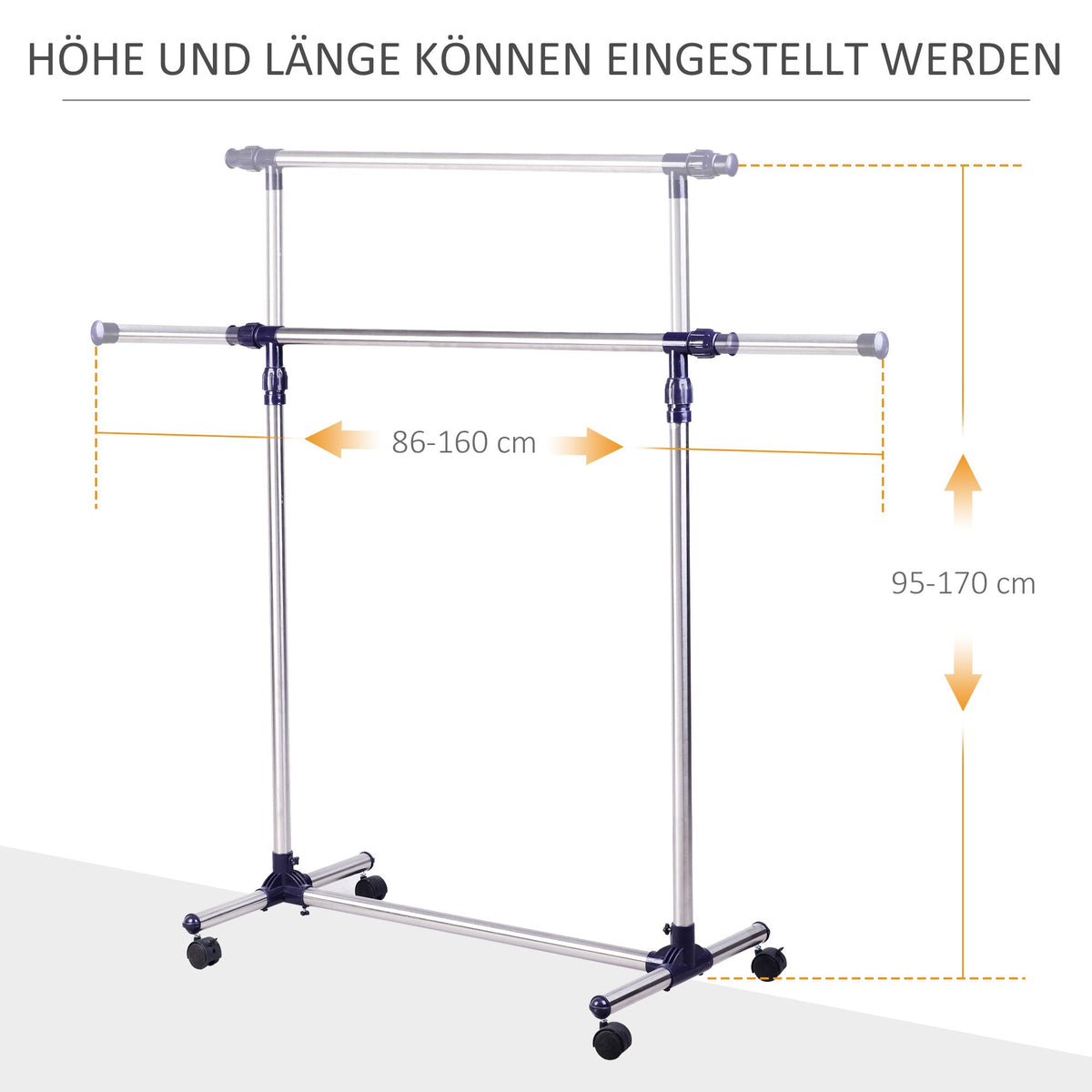 Coat Rack with Wheels, Height-Adjustable, Extendable Clothes Rail, Stainless Steel