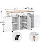 Dining Table Trolley/Sideboard, Folding Top Kitchen Island 5 Wheels 2 Drawers, White
