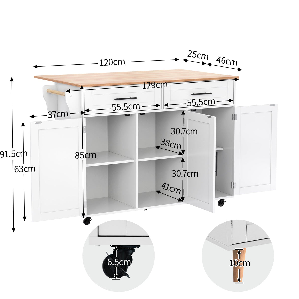 Dining Table Trolley/Sideboard, Folding Top Kitchen Island 5 Wheels 2 Drawers, White