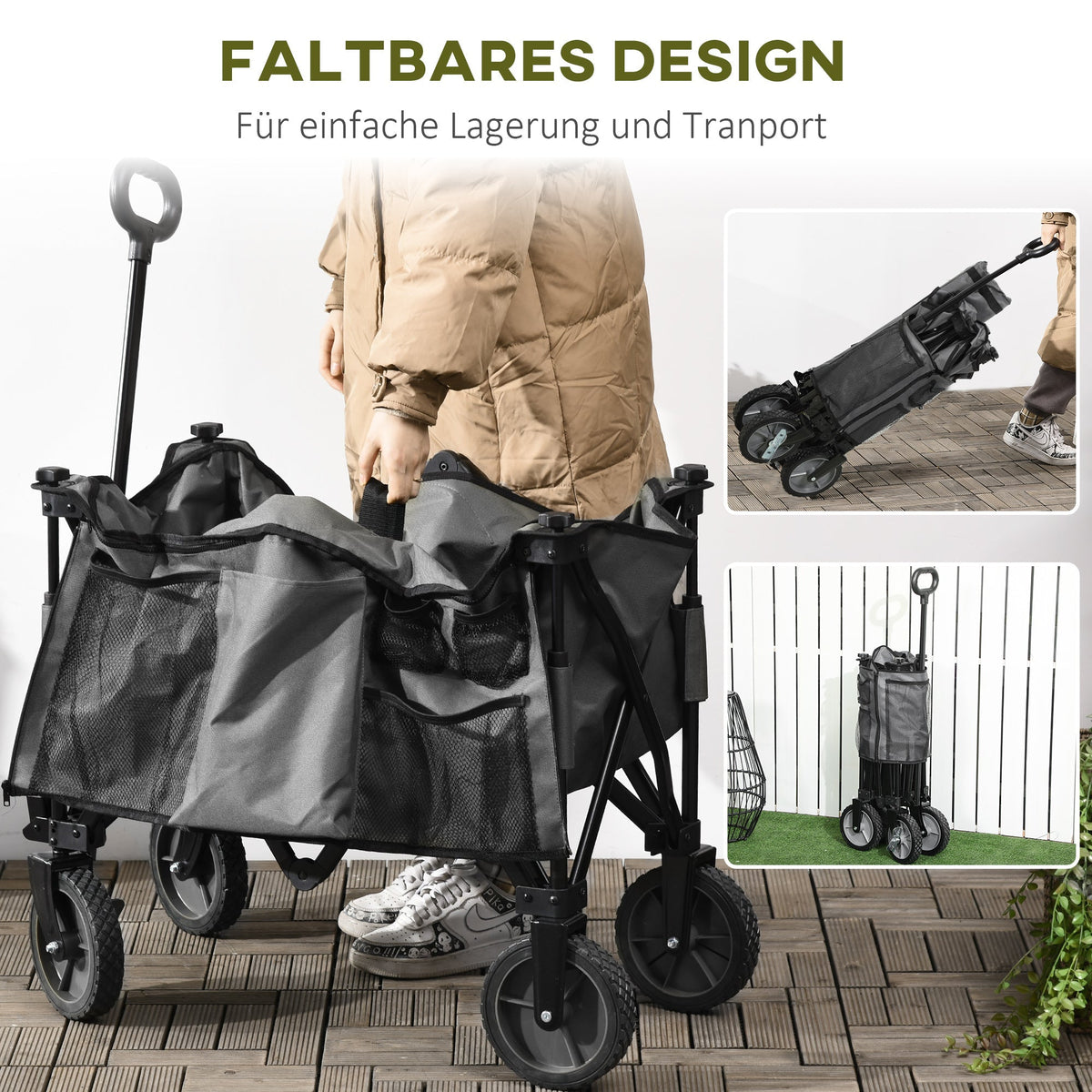 Folding Handcart, 120 kg Load, Adjustable Handle, Side Pockets & Folding Board, Dark Grey