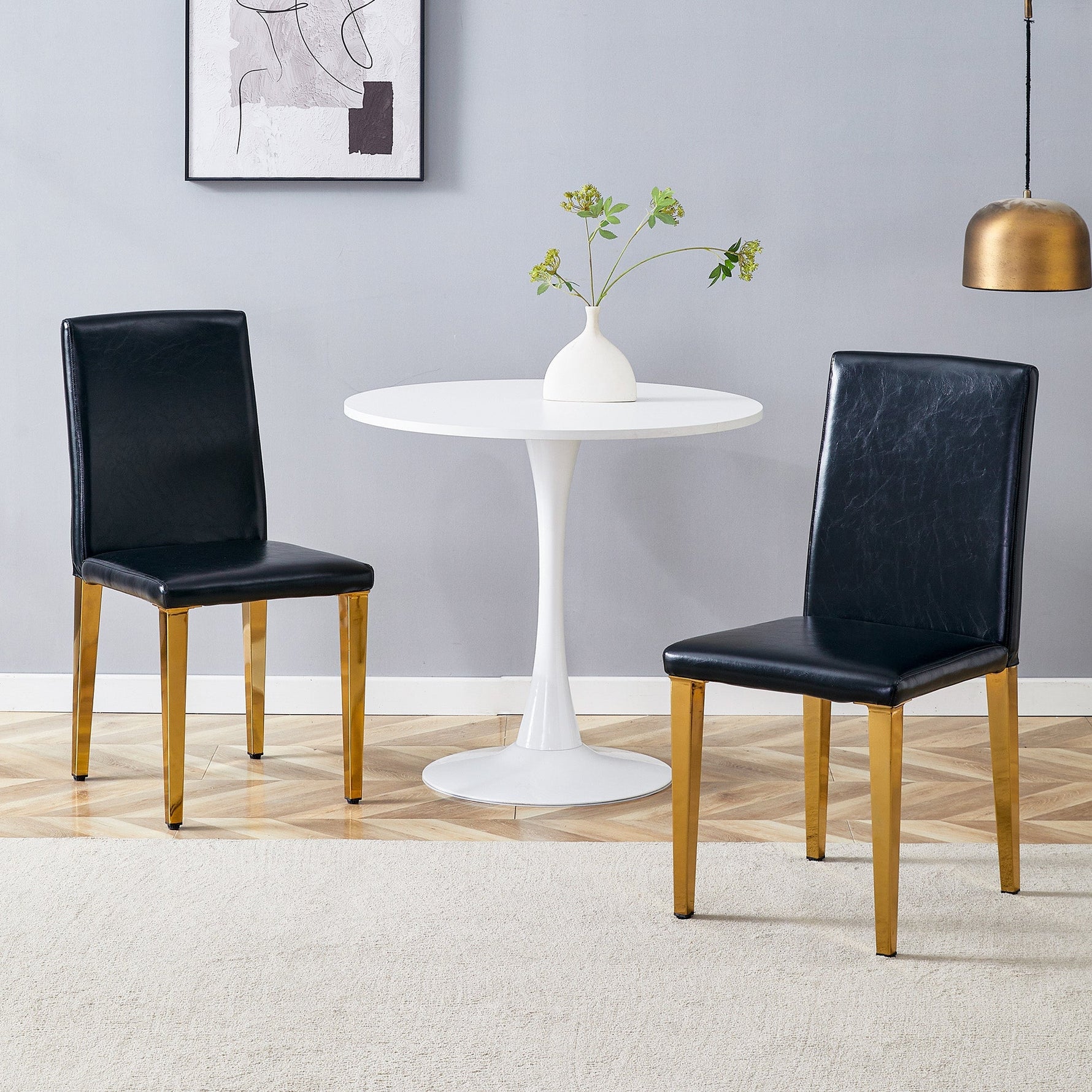 Minimalist Dining Chairs Set of 2 with Gold Metal Legs, Black PU Leather