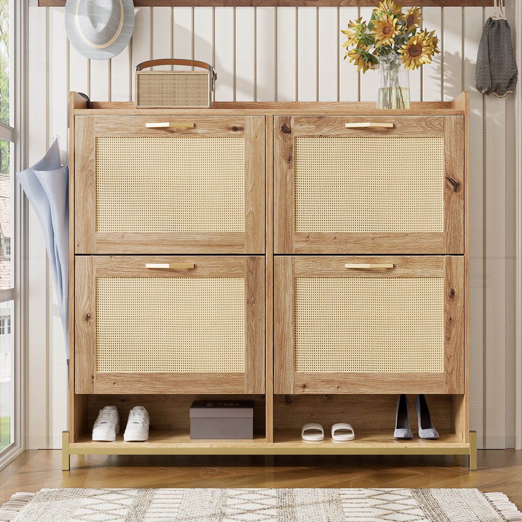 Elegant Shoe Cabinet 4 Doors Metal Frame Top Shelf Wooden Rattan