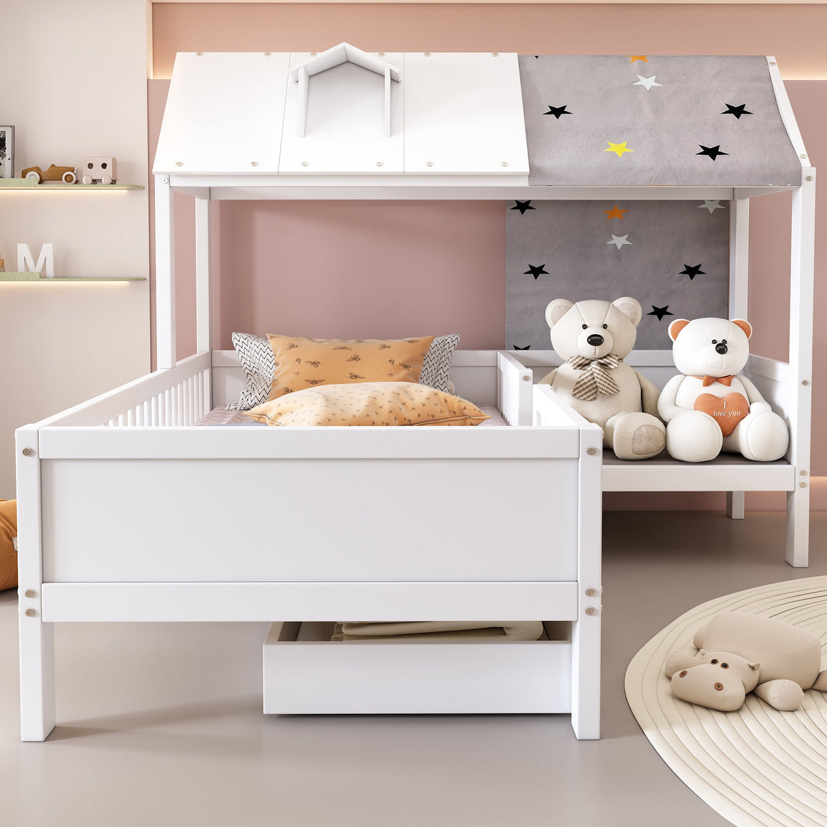 House Bed Single Multifunctional Tent Drawers 90x200cm - White Wood