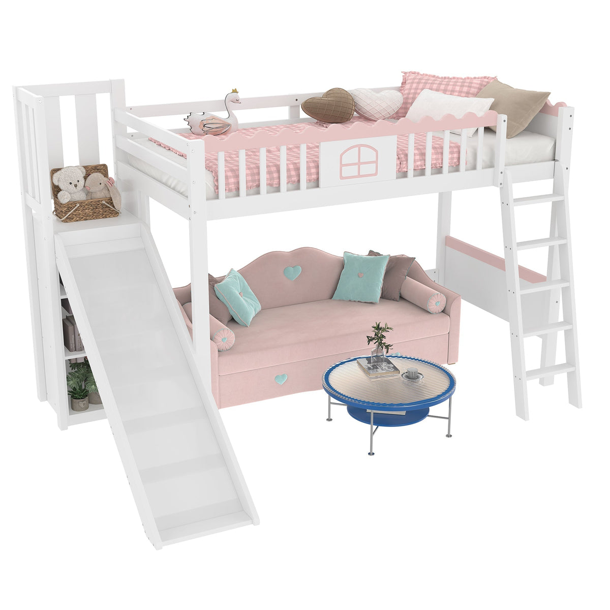 Bunk Bed 90x200cm with Slide, LED Lights, Shelves, EN747 Certified White Pine Wood