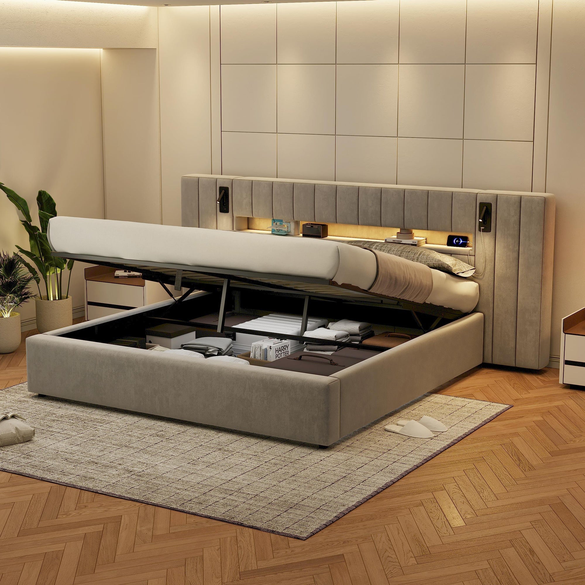 Upholstered Double Bed 180x200cm USB LED Storage - Velvet Grey