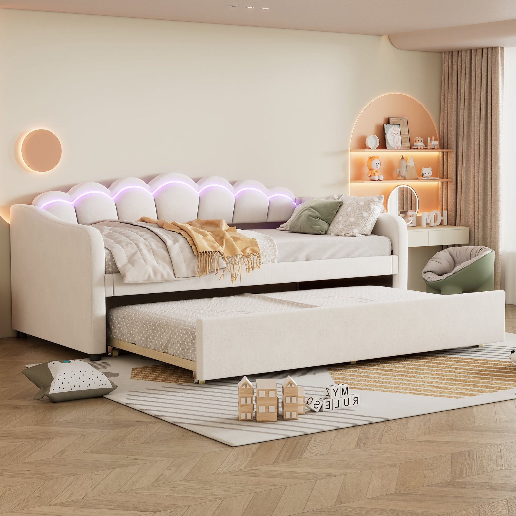 Daybed Sofa Bed 90x200cm Pull-out Bed Ambient Light Remote - Velvet Beige