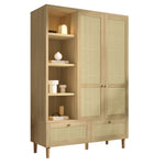 Wardrobe with 2 Doors, Rattan Weave, Shelves, Clothes Rail and 2 Drawers, Oak Look