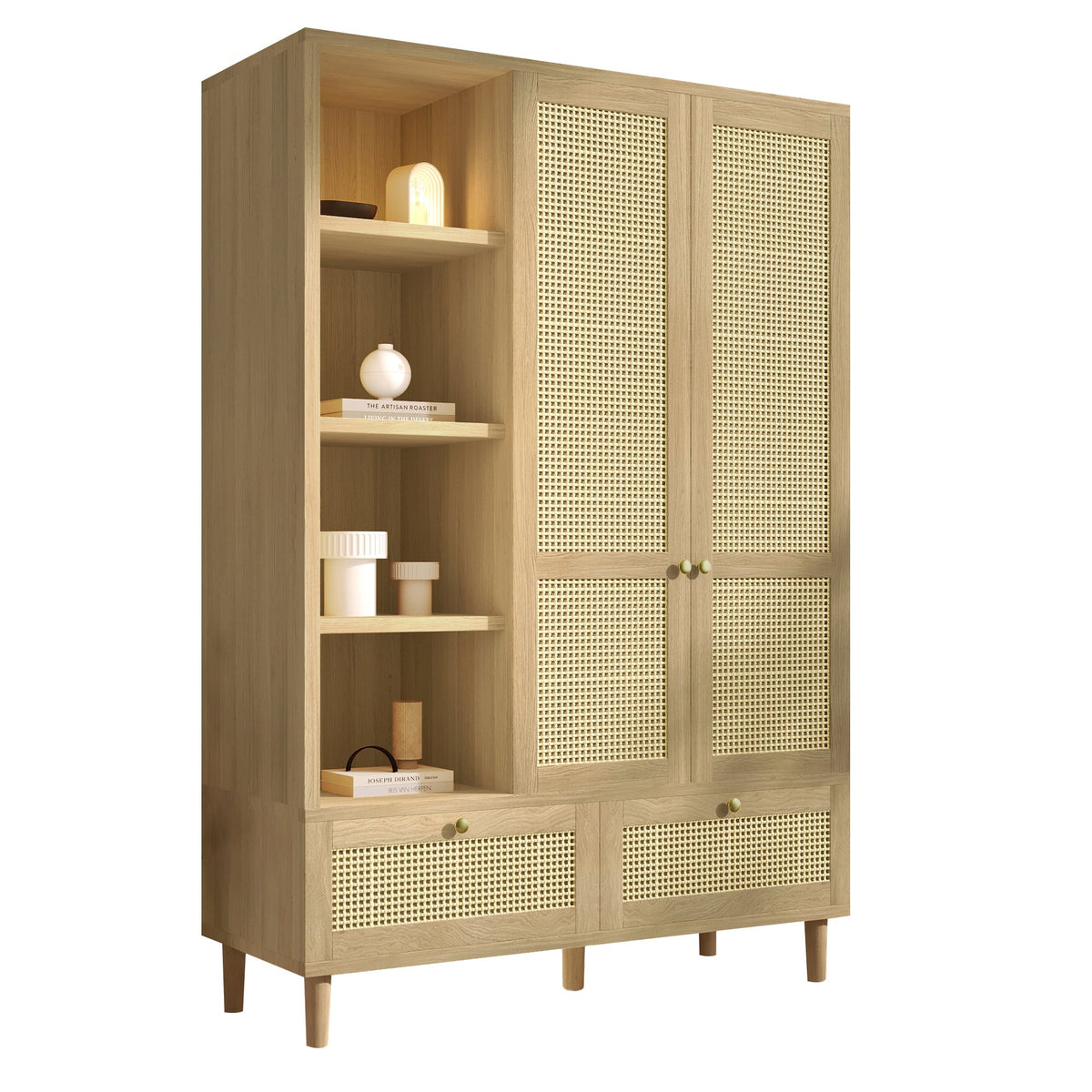 Wardrobe with 2 Doors, Rattan Weave, Shelves, Clothes Rail and 2 Drawers, Oak Look