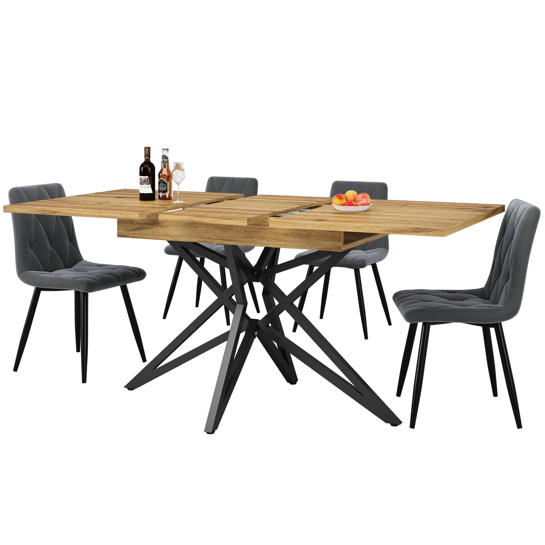 Extendable Dining Table Set with 4 Chairs, Dark Grey Velvet and Walnut Look