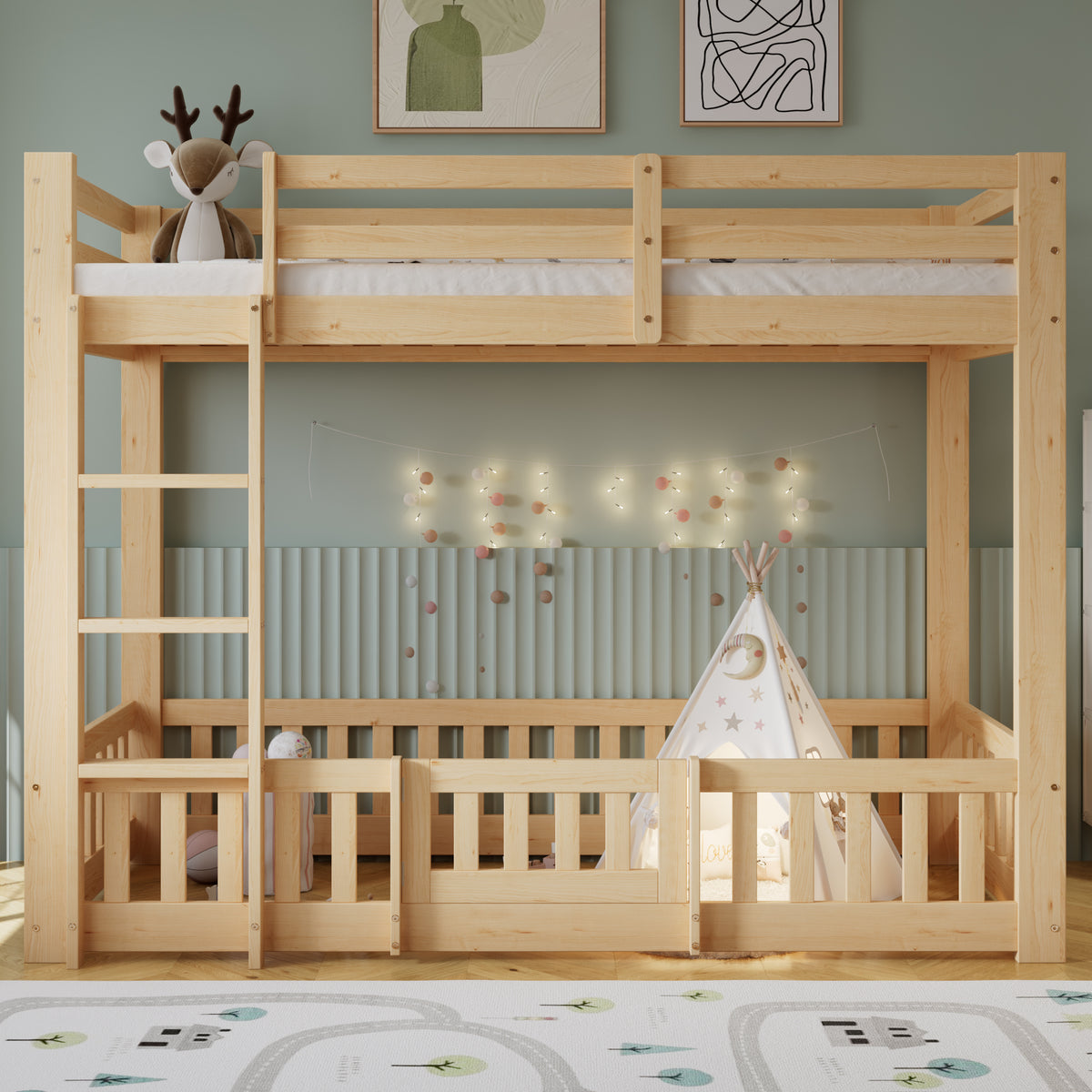 Wooden Bunk Bed 90x200cm with Stairs & Railing, Natural Pine Wood