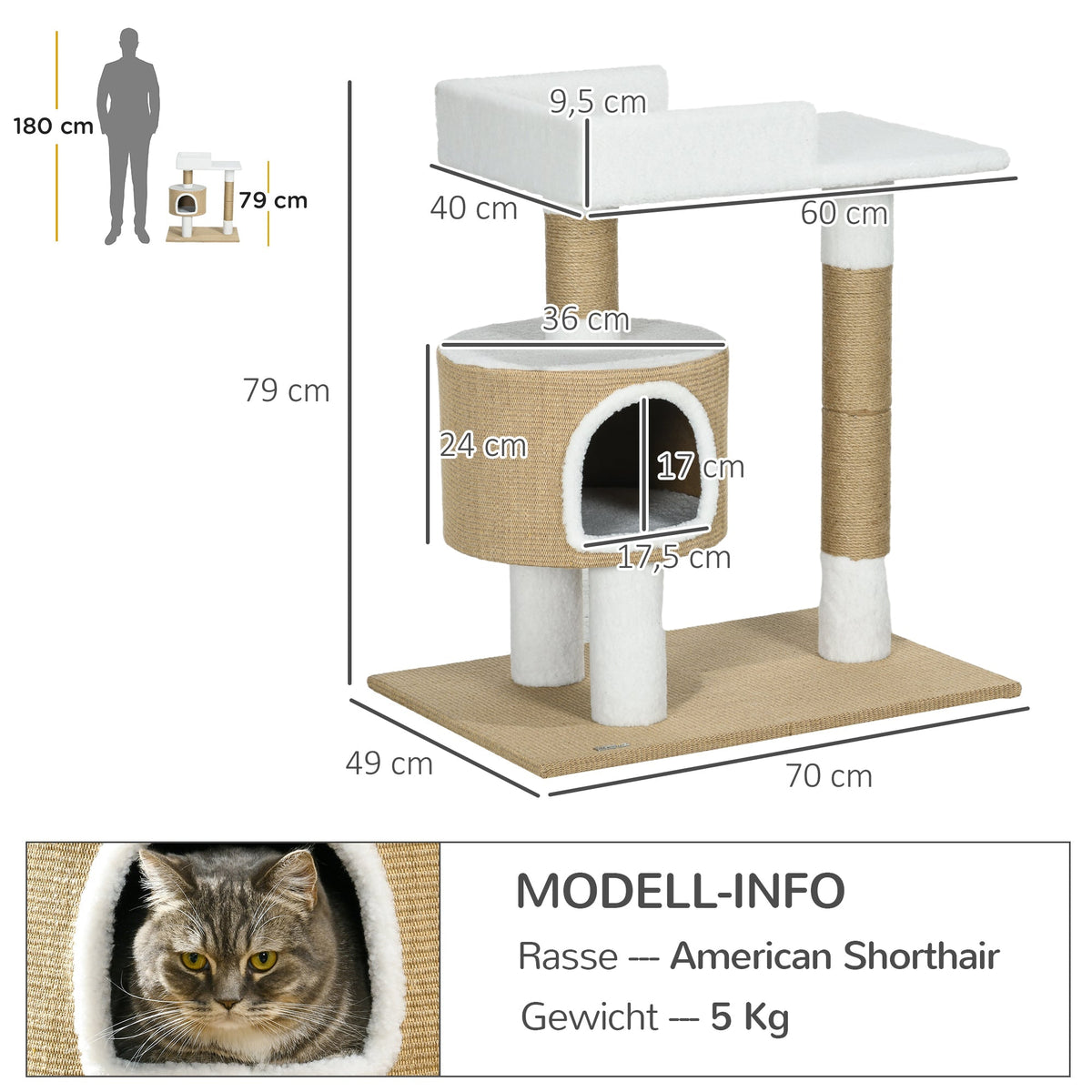 Cat Tree 79cm Small, with Cat Cave & Lying Area, Jute Brown/White