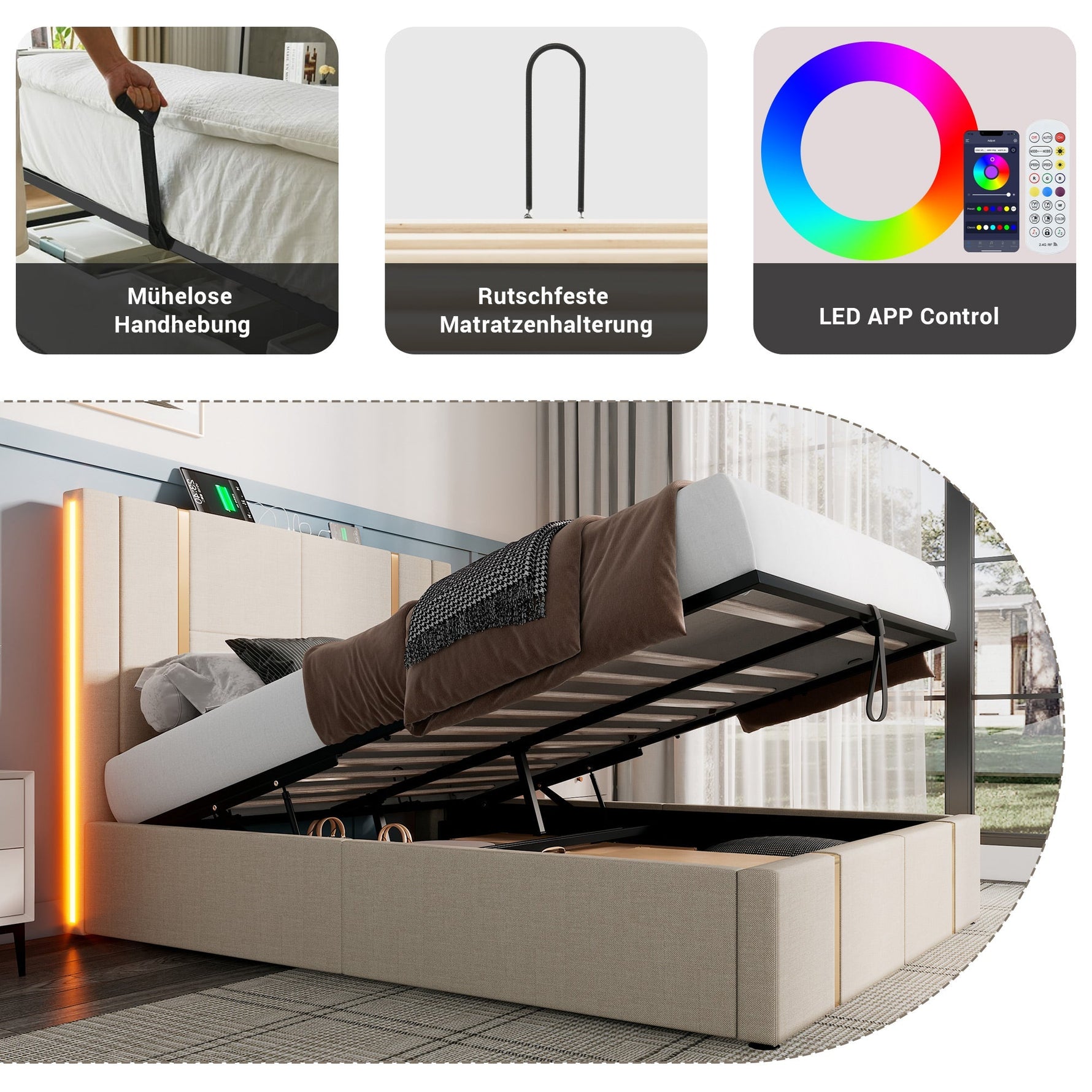 Upholstered Double Bed, USB C LED Storage Frame, Beige Linen