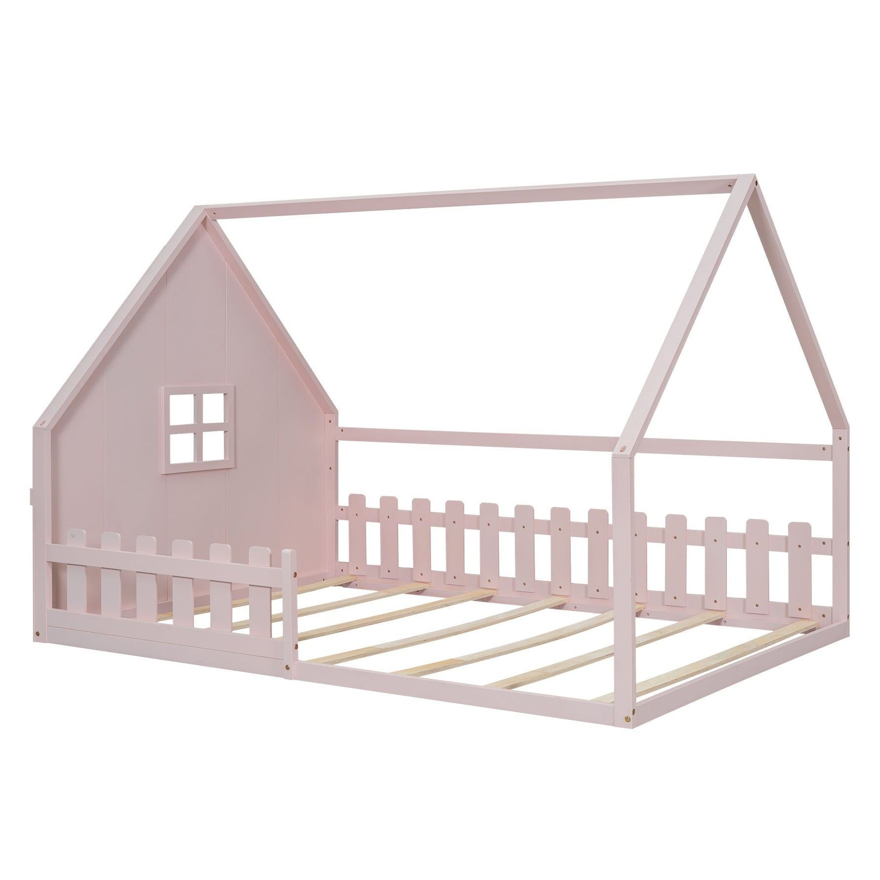 Flatbed Children's Bed 140x200cm House Rail - Pine Wood Pink