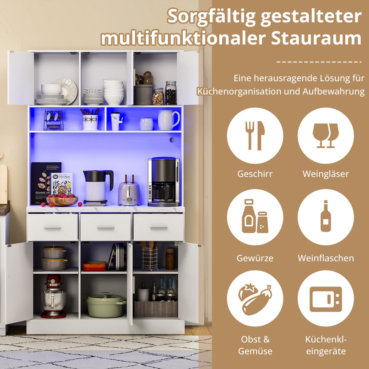 Multifunctional Buffet 100x40x180cm LED App Control Drawers Shelves Power Outlets