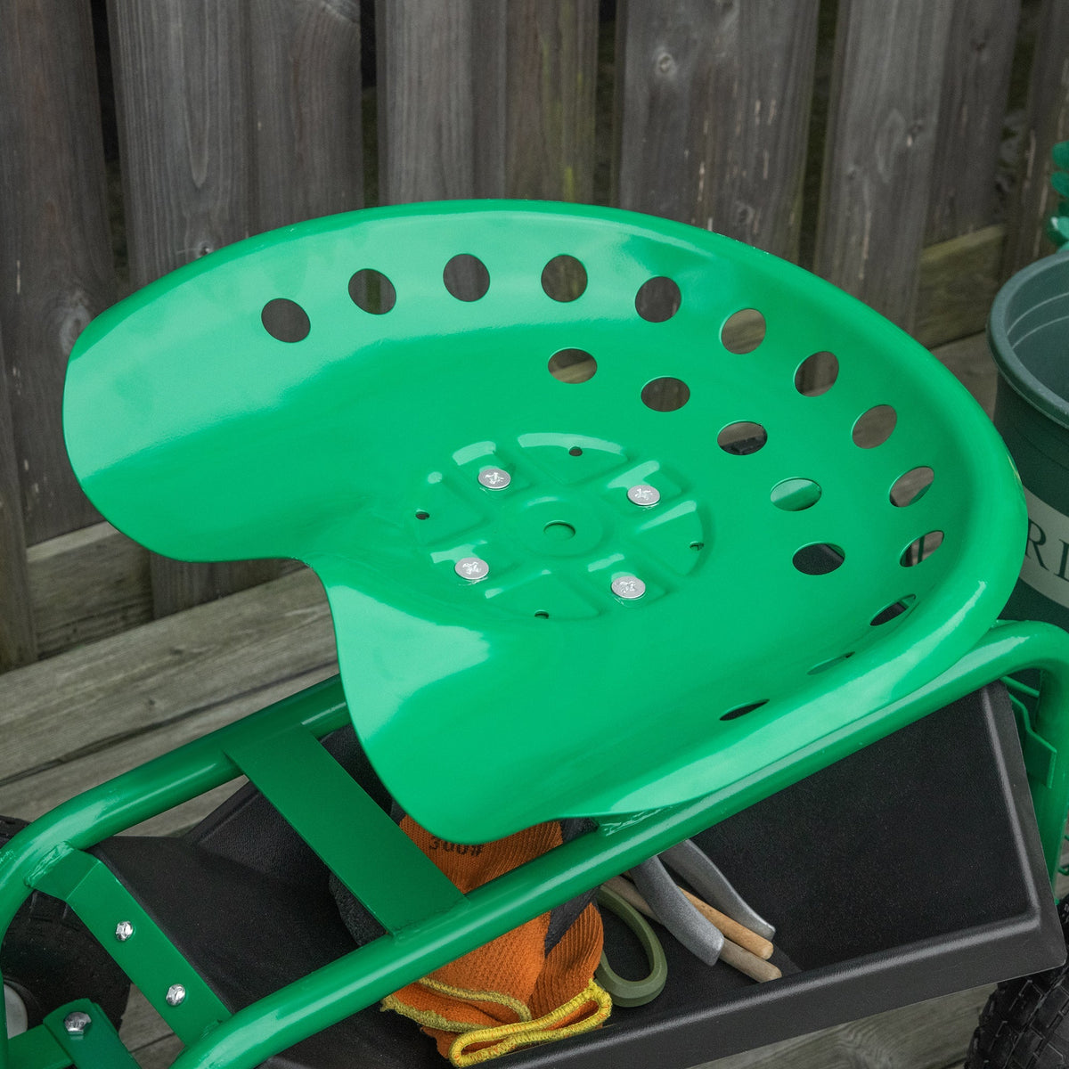 Garden/Workshop Trolley Seat Swivel Adjustable Height Storage Basket 150kg Capacity, Green