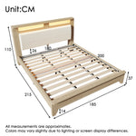 Double Wooden Bed, 180x200cm, Storage Headboard, LED, Corduroy, Light Oak