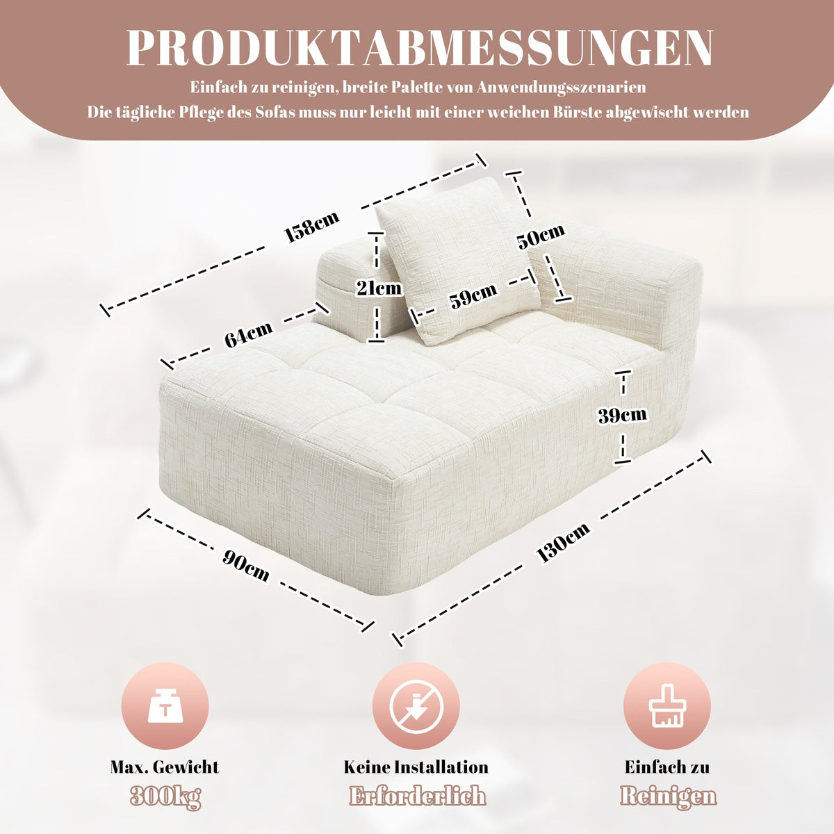 Chaise Longue Sofa, Comfortable No Assembly Side Pockets, Beige