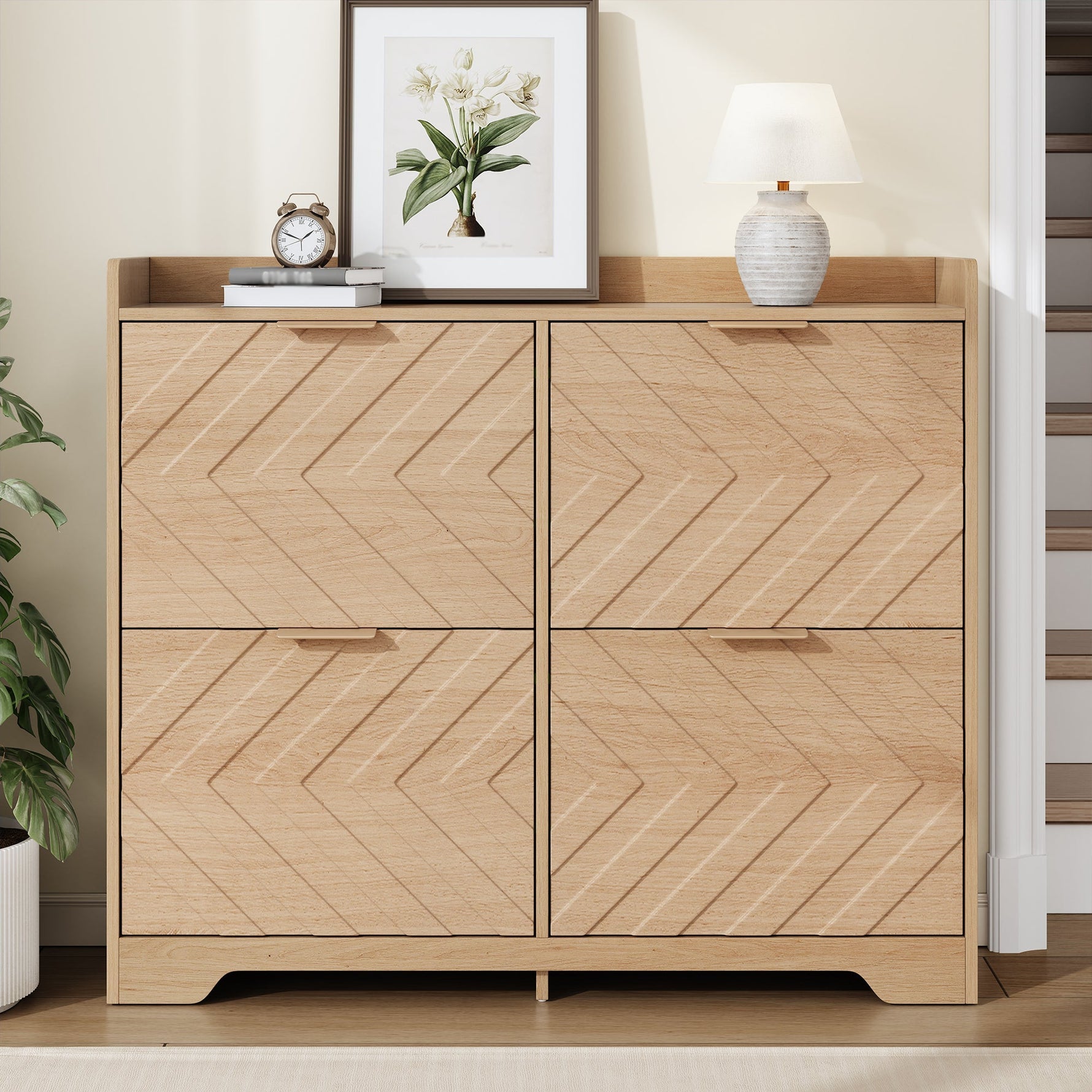 Shoe Cabinet with 4 Flip Drawers and 3D Textured Front, Space-Saving Entryway Storage, Wood White
