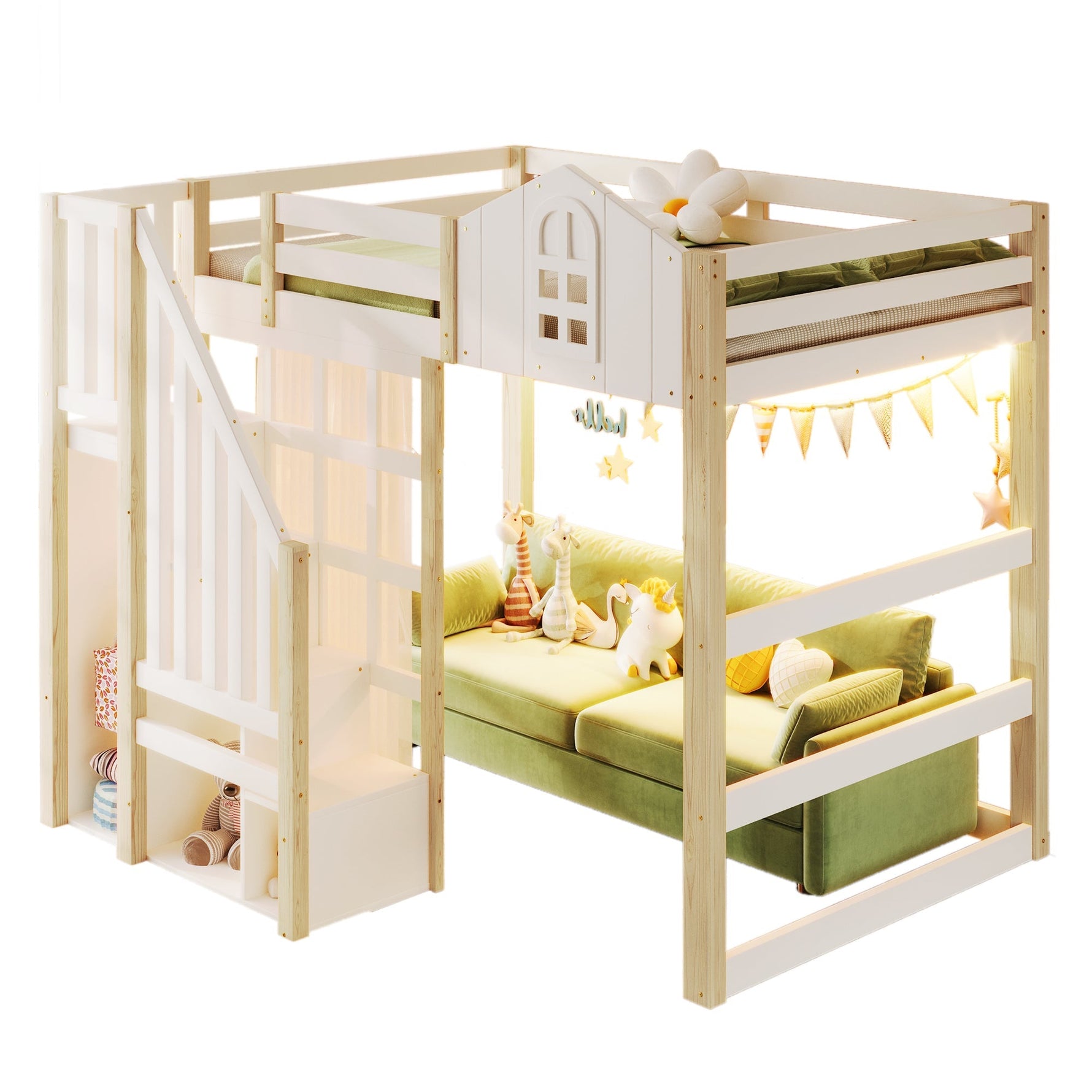 Loft Bed with LED Lights, Window Design and Storage Ladder, White and Natural