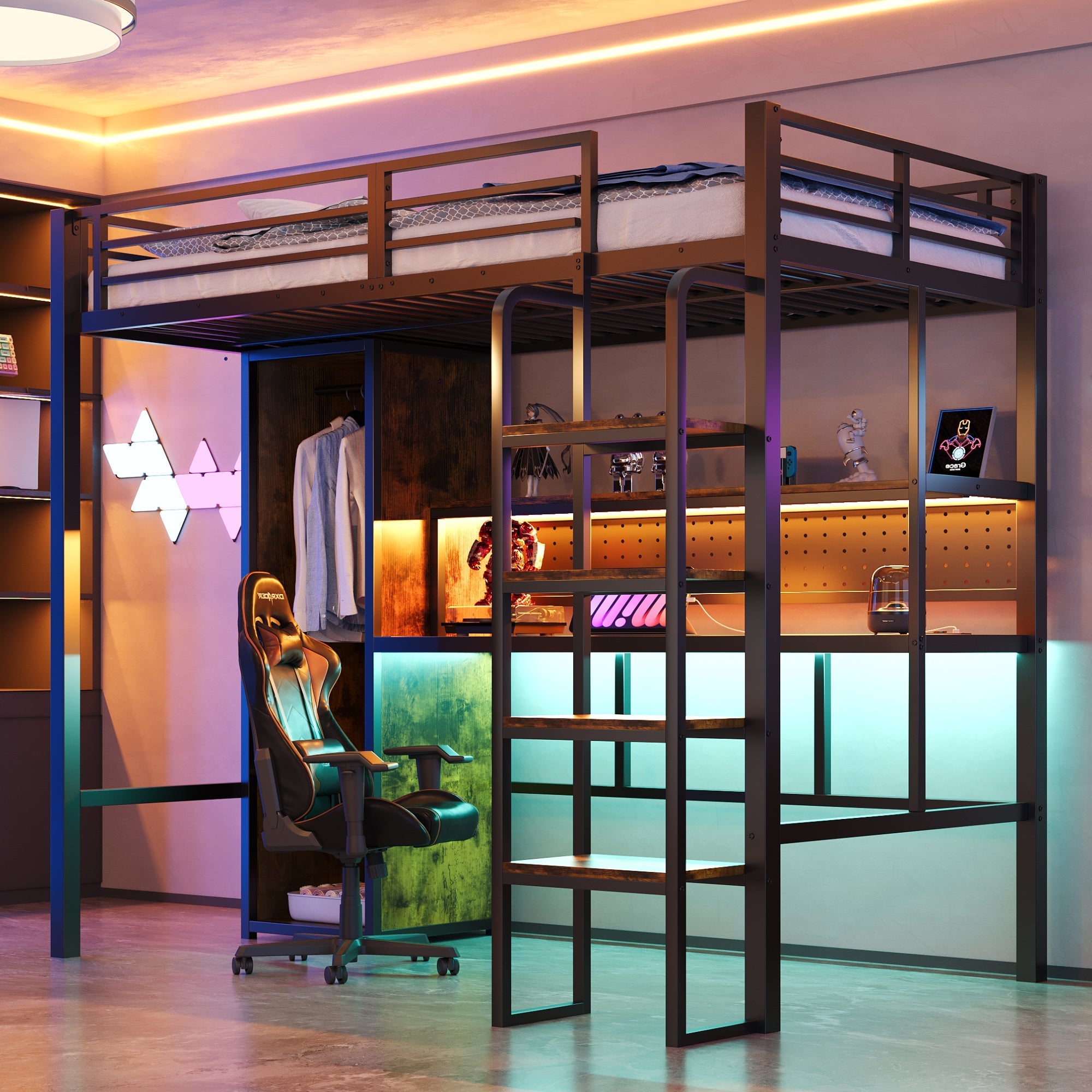 Metal Loft Bed with Large Desk, Wardrobe and LED Light Strip, Black
