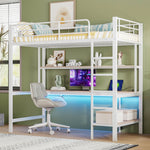 Loft Bed 90x200cm with Desk, Multi-Tiered Shelf, Ladder, USB, and LED Lights, Metal White