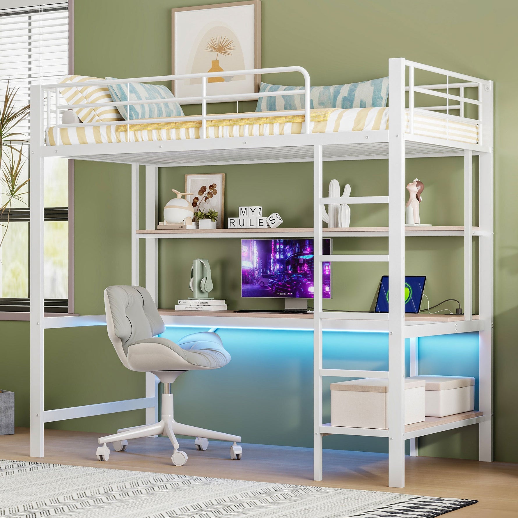 Loft Bed 90x200cm with Desk, Multi-Tiered Shelf, Ladder, USB, and LED Lights, Metal White