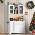 Tall Kitchen Cabinet with LED Lighting, Power Outlet and Spice Rack, White and Wood Look