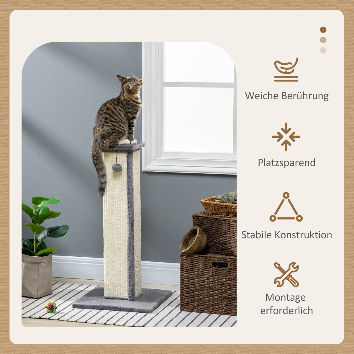 Sisal Scratching Post, 81cm high, play ball, for cats up to 5kg, Grey/Cream