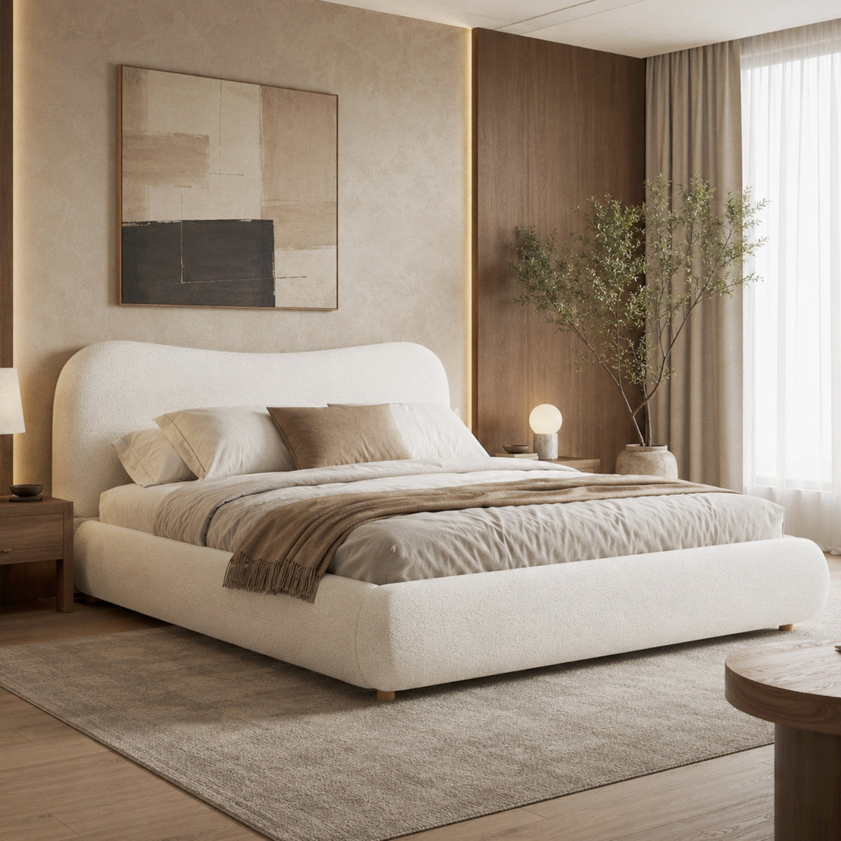 Upholstered Double Bed 180x200cm with Storage, White Bouclé