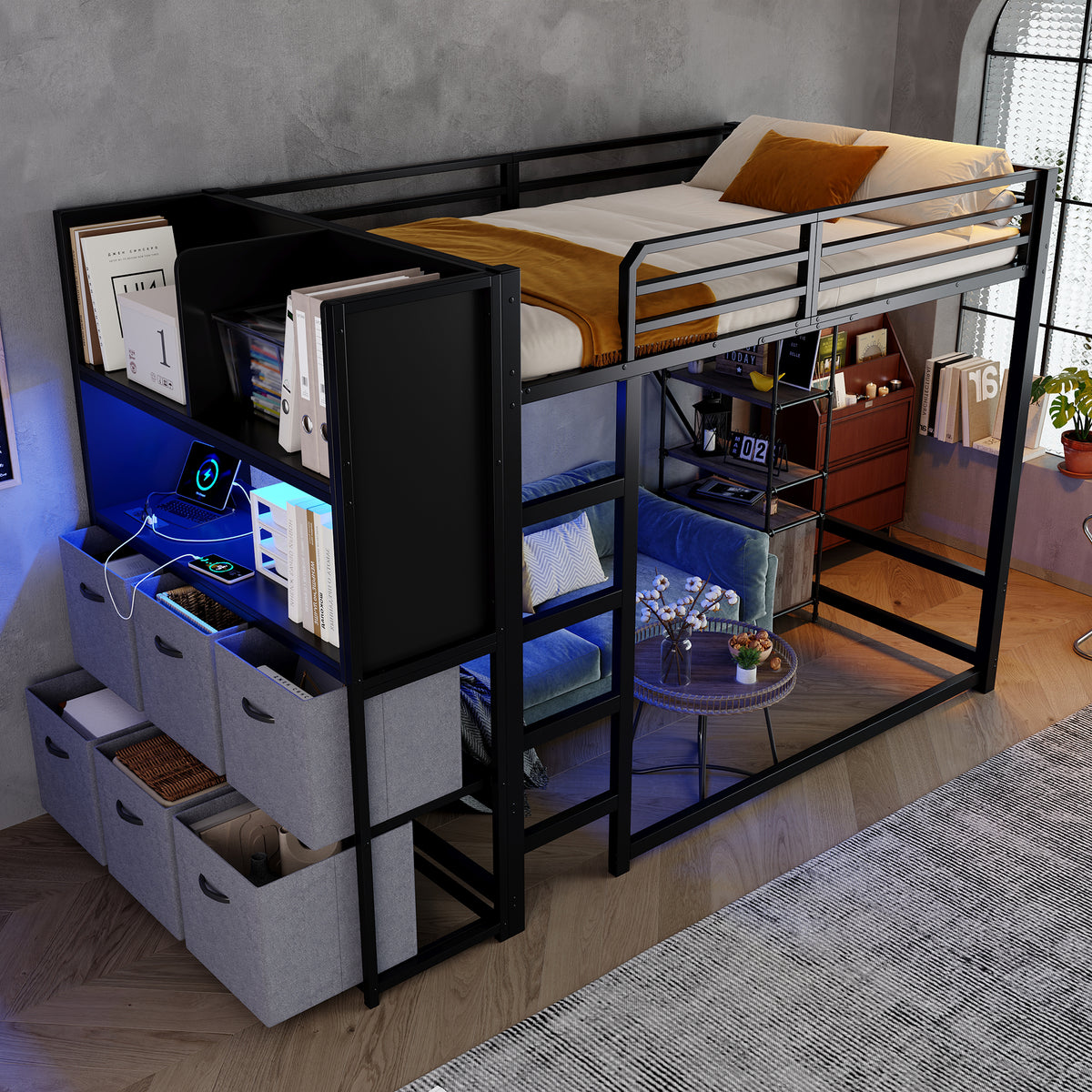 Loft Bed 120x200 cm with Storage & Charging, Black Metal