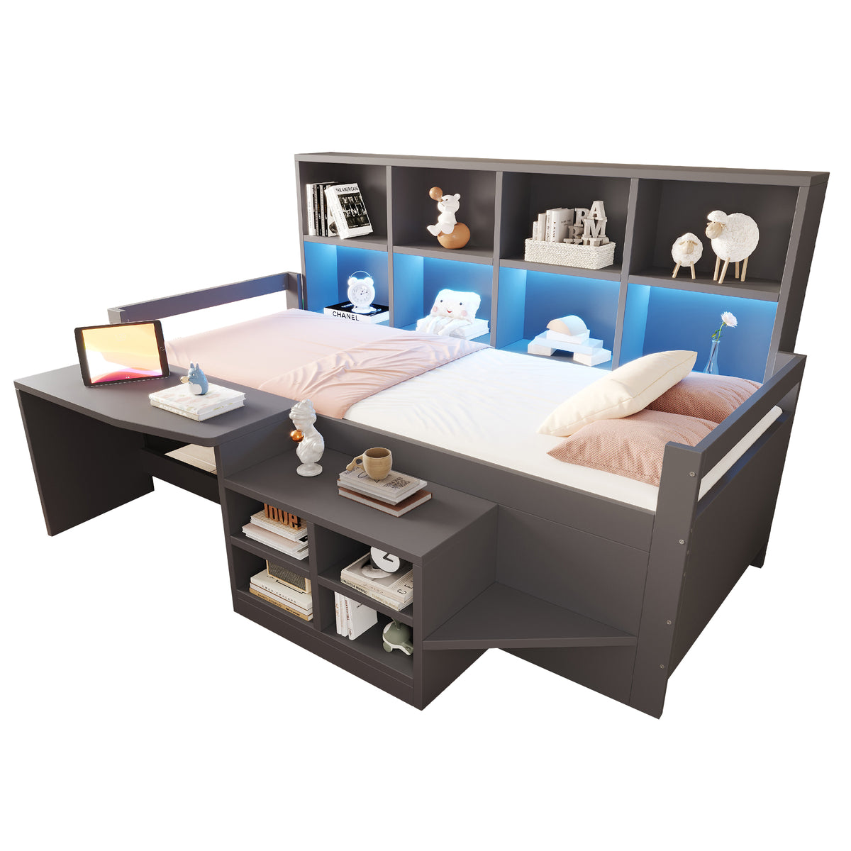 Children's Bed 90x200cm with Desk & LED Light, Solid Wood, Grey
