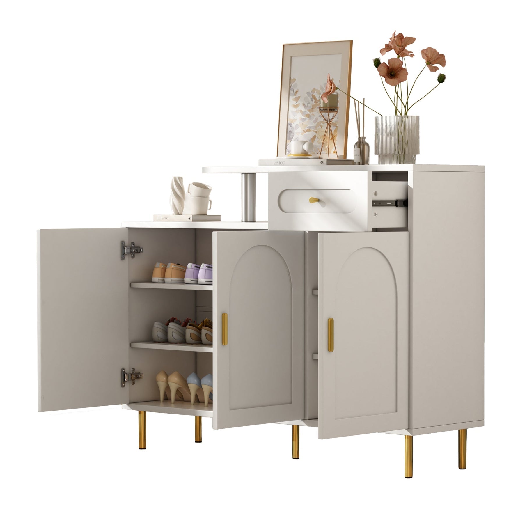 Chest of Drawers with Metal Handles, 1 Drawer, 3 Doors, on Metal Feet, White