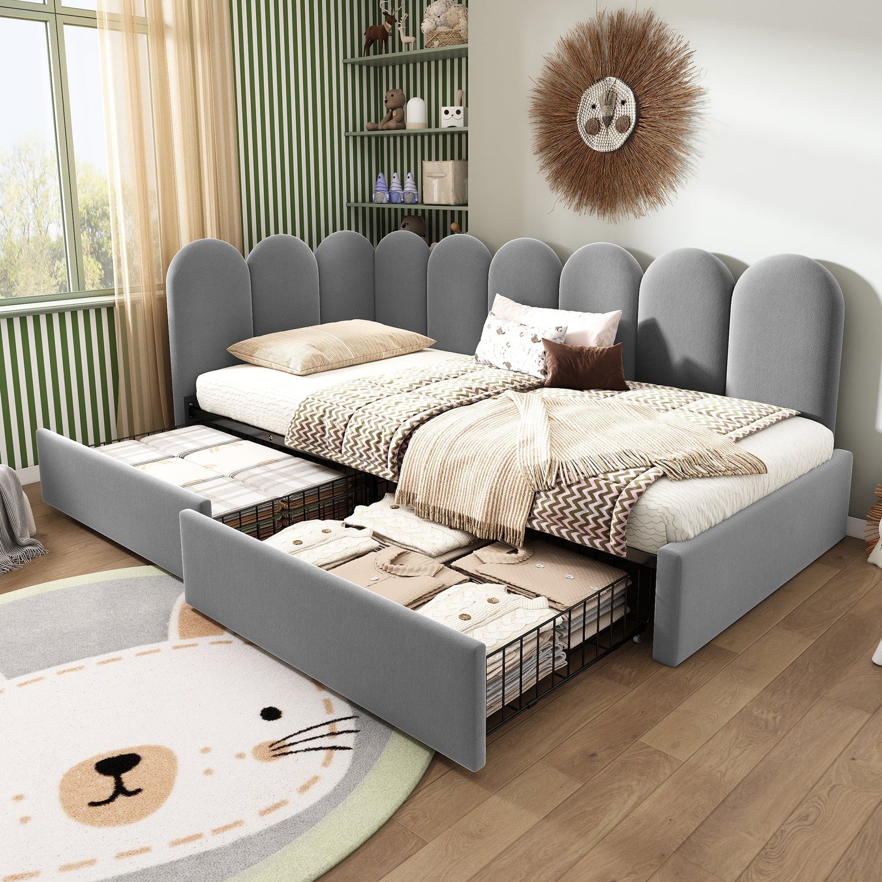 Upholstered Single Daybed 90x190cm Storage Drawers - Grey Velvet